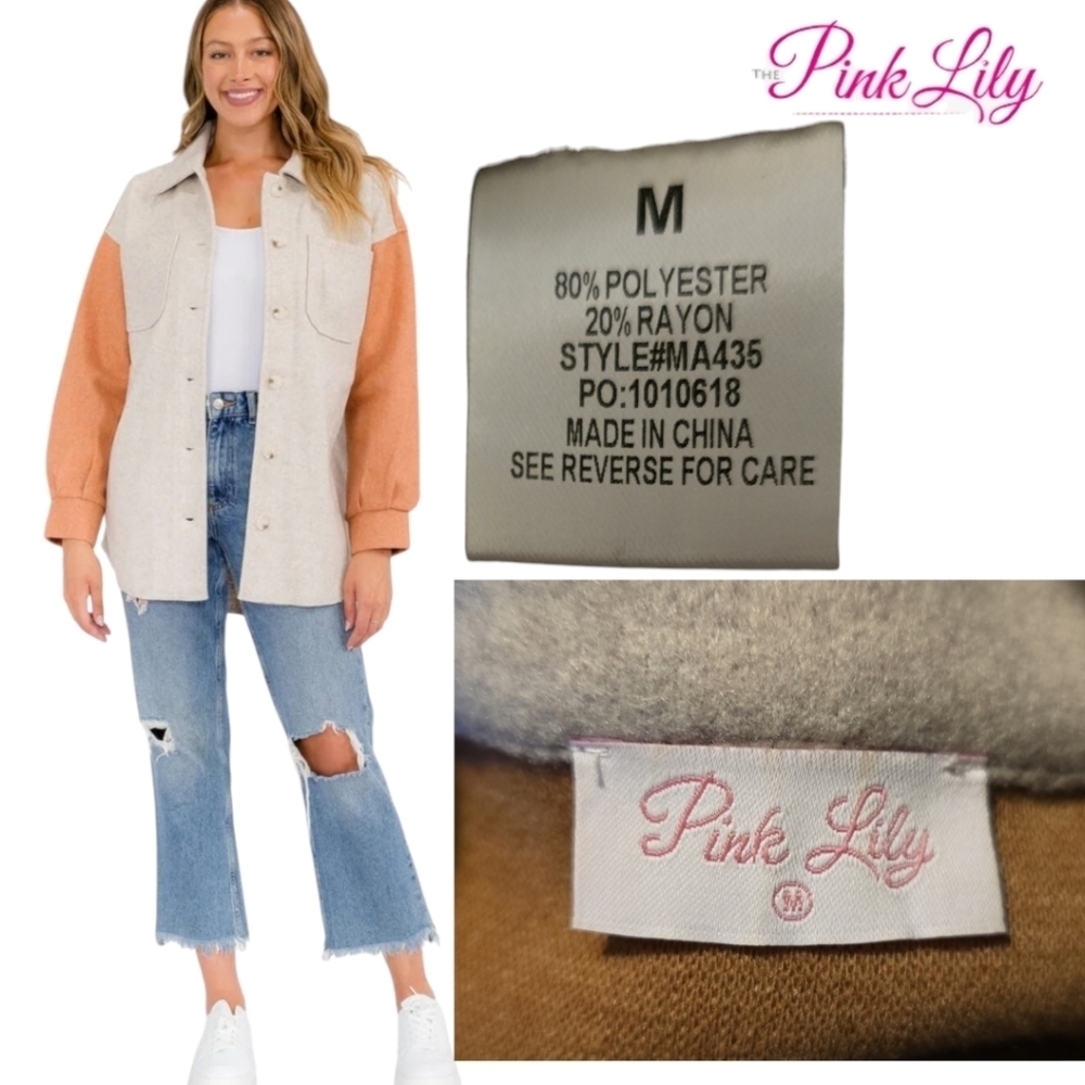 PINK LILY Shacket Pocketed Colorblock Shacket - Taupe/ Rust Size Medium - Picture 5 of 5